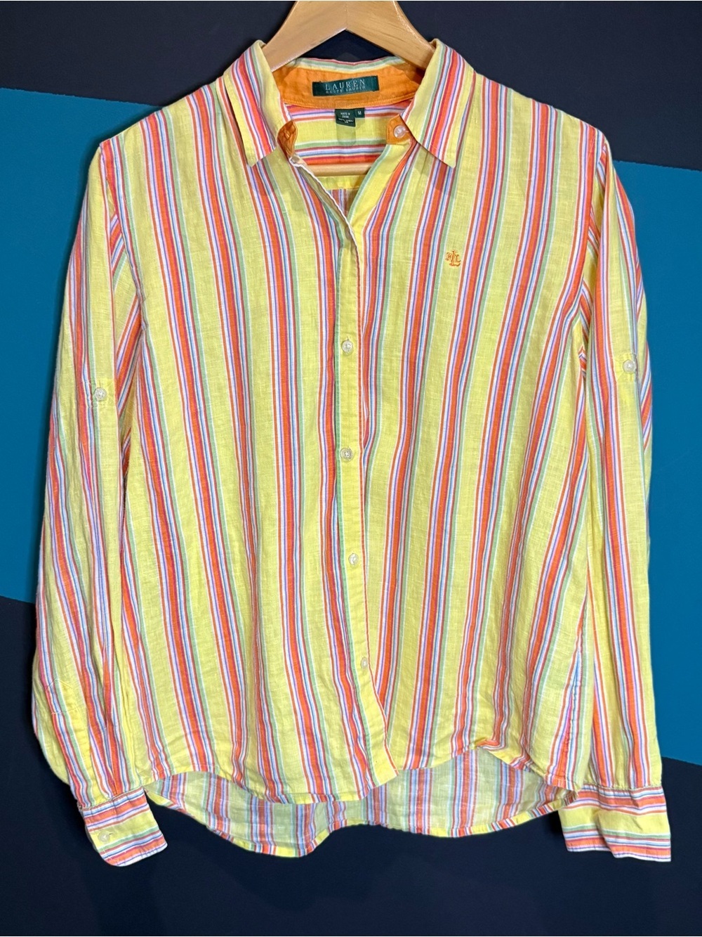 Ralph Lauren Yellow Striped Linen Button-Down Shirt Medium Preppy Coastal